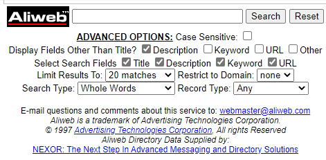 ALIWEB在1997年的页面